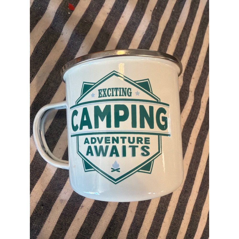 History & Heraldry Enamel Camping Mug White Teal Adventure Awaits Tin Cup